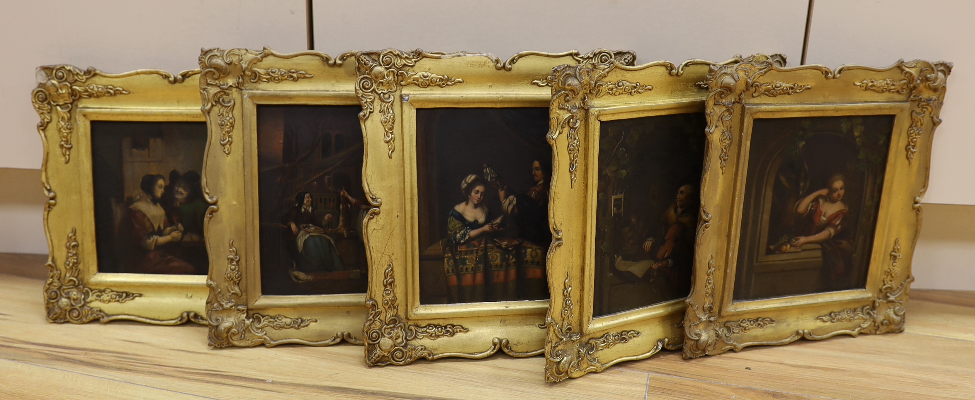19th century German school, set of five oils on zinc, including figure playing a violin and a tavern scene, ornate gilt framed, 19 x 16cm